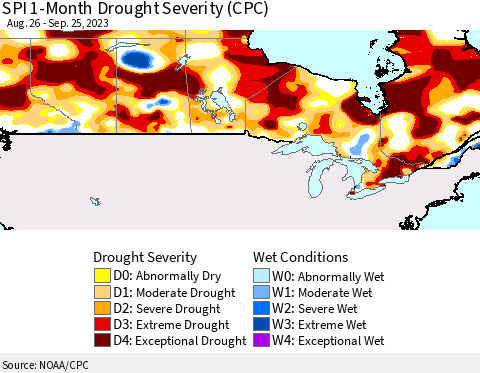 Canada SPI 1-Month Drought Severity (CPC) Thematic Map For 8/26/2023 - 9/25/2023