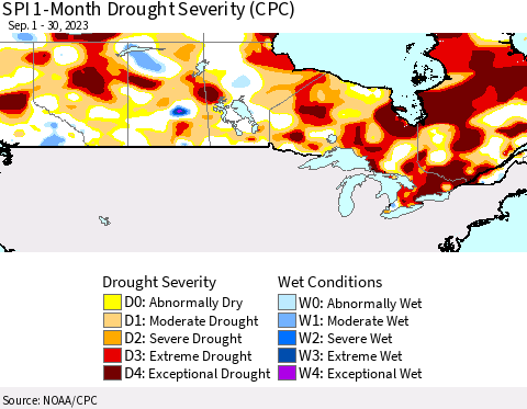 Canada SPI 1-Month Drought Severity (CPC) Thematic Map For 9/1/2023 - 9/30/2023