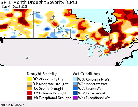 Canada SPI 1-Month Drought Severity (CPC) Thematic Map For 9/6/2023 - 10/5/2023