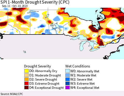 Canada SPI 1-Month Drought Severity (CPC) Thematic Map For 9/11/2023 - 10/10/2023
