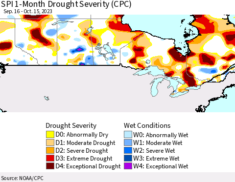 Canada SPI 1-Month Drought Severity (CPC) Thematic Map For 9/16/2023 - 10/15/2023