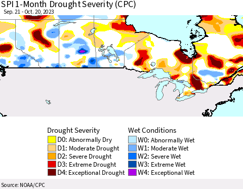 Canada SPI 1-Month Drought Severity (CPC) Thematic Map For 9/21/2023 - 10/20/2023