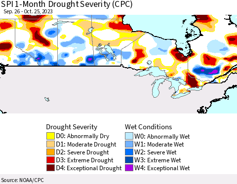 Canada SPI 1-Month Drought Severity (CPC) Thematic Map For 9/26/2023 - 10/25/2023