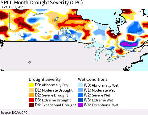 Canada SPI 1-Month Drought Severity (CPC) Thematic Map For 10/1/2023 - 10/31/2023