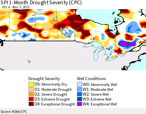 Canada SPI 1-Month Drought Severity (CPC) Thematic Map For 10/6/2023 - 11/5/2023