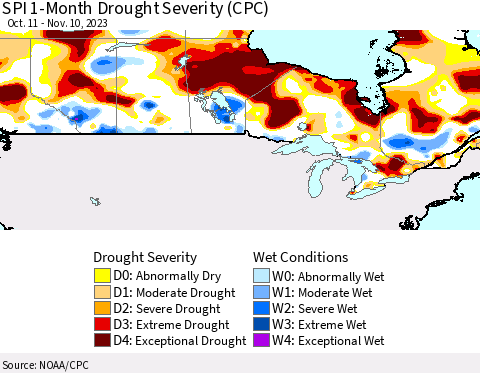 Canada SPI 1-Month Drought Severity (CPC) Thematic Map For 10/11/2023 - 11/10/2023