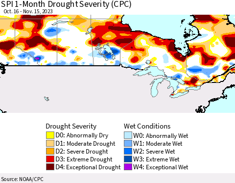 Canada SPI 1-Month Drought Severity (CPC) Thematic Map For 10/16/2023 - 11/15/2023