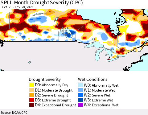 Canada SPI 1-Month Drought Severity (CPC) Thematic Map For 10/21/2023 - 11/20/2023