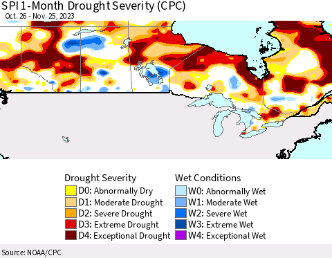 Canada SPI 1-Month Drought Severity (CPC) Thematic Map For 10/26/2023 - 11/25/2023