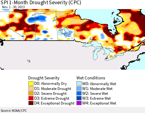 Canada SPI 1-Month Drought Severity (CPC) Thematic Map For 11/1/2023 - 11/30/2023