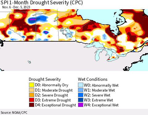 Canada SPI 1-Month Drought Severity (CPC) Thematic Map For 11/6/2023 - 12/5/2023