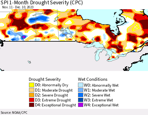 Canada SPI 1-Month Drought Severity (CPC) Thematic Map For 11/11/2023 - 12/10/2023