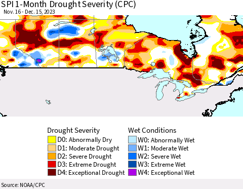 Canada SPI 1-Month Drought Severity (CPC) Thematic Map For 11/16/2023 - 12/15/2023