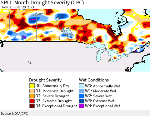 Canada SPI 1-Month Drought Severity (CPC) Thematic Map For 11/21/2023 - 12/20/2023