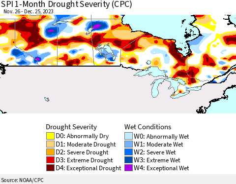 Canada SPI 1-Month Drought Severity (CPC) Thematic Map For 11/26/2023 - 12/25/2023