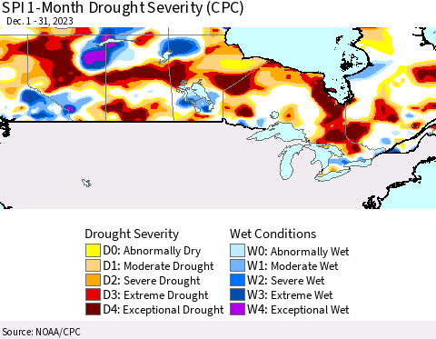 Canada SPI 1-Month Drought Severity (CPC) Thematic Map For 12/1/2023 - 12/31/2023