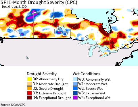 Canada SPI 1-Month Drought Severity (CPC) Thematic Map For 12/6/2023 - 1/5/2024
