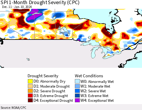 Canada SPI 1-Month Drought Severity (CPC) Thematic Map For 12/11/2023 - 1/10/2024