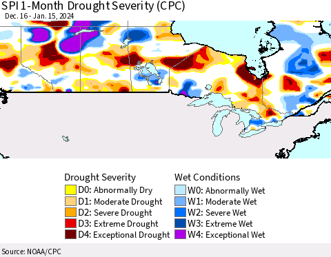 Canada SPI 1-Month Drought Severity (CPC) Thematic Map For 12/16/2023 - 1/15/2024