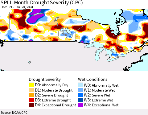 Canada SPI 1-Month Drought Severity (CPC) Thematic Map For 12/21/2023 - 1/20/2024