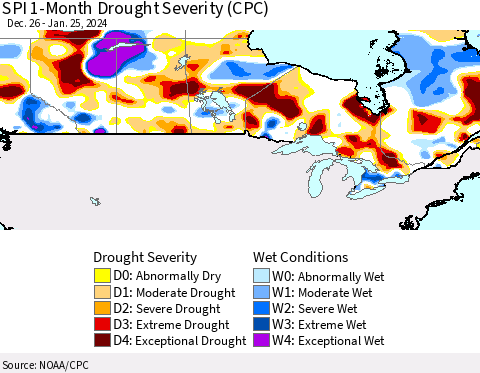 Canada SPI 1-Month Drought Severity (CPC) Thematic Map For 12/26/2023 - 1/25/2024