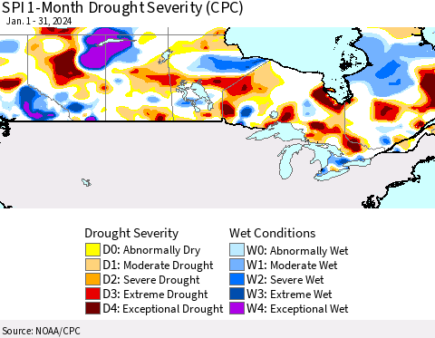 Canada SPI 1-Month Drought Severity (CPC) Thematic Map For 1/1/2024 - 1/31/2024