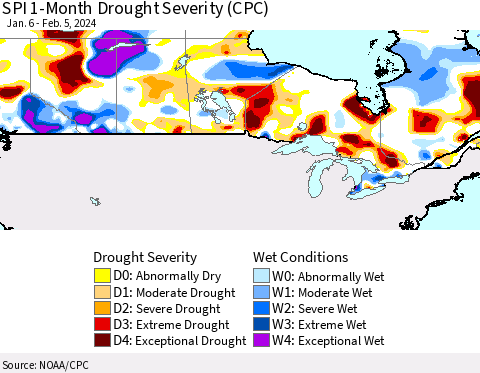 Canada SPI 1-Month Drought Severity (CPC) Thematic Map For 1/6/2024 - 2/5/2024