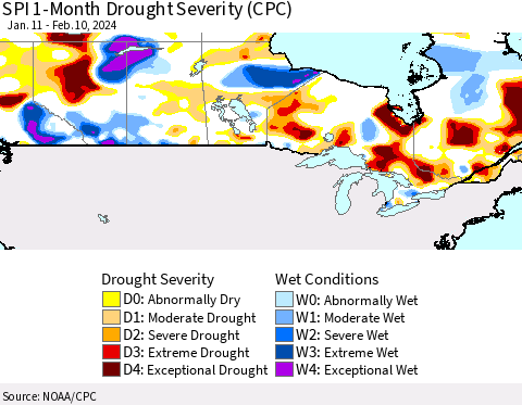 Canada SPI 1-Month Drought Severity (CPC) Thematic Map For 1/11/2024 - 2/10/2024