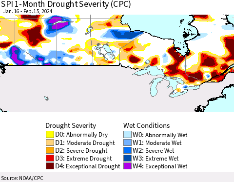 Canada SPI 1-Month Drought Severity (CPC) Thematic Map For 1/16/2024 - 2/15/2024