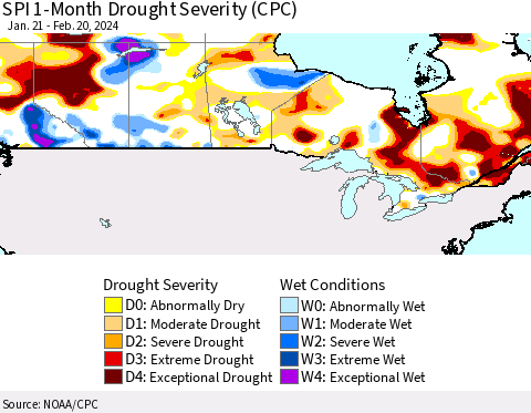 Canada SPI 1-Month Drought Severity (CPC) Thematic Map For 1/21/2024 - 2/20/2024