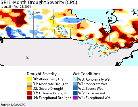 Canada SPI 1-Month Drought Severity (CPC) Thematic Map For 1/26/2024 - 2/25/2024