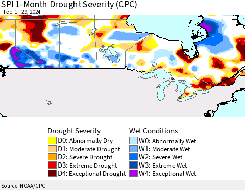 Canada SPI 1-Month Drought Severity (CPC) Thematic Map For 2/1/2024 - 2/29/2024