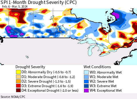 Canada SPI 1-Month Drought Severity (CPC) Thematic Map For 2/6/2024 - 3/5/2024