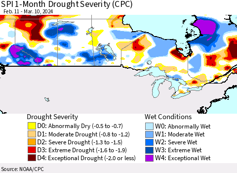 Canada SPI 1-Month Drought Severity (CPC) Thematic Map For 2/11/2024 - 3/10/2024