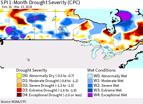 Canada SPI 1-Month Drought Severity (CPC) Thematic Map For 2/16/2024 - 3/15/2024