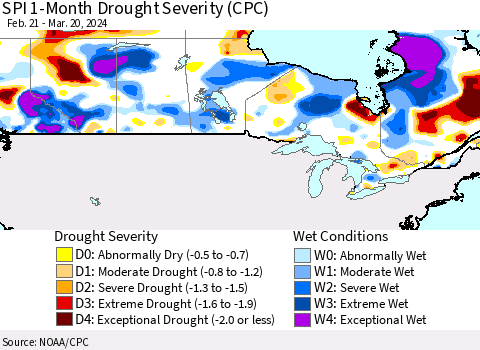 Canada SPI 1-Month Drought Severity (CPC) Thematic Map For 2/21/2024 - 3/20/2024