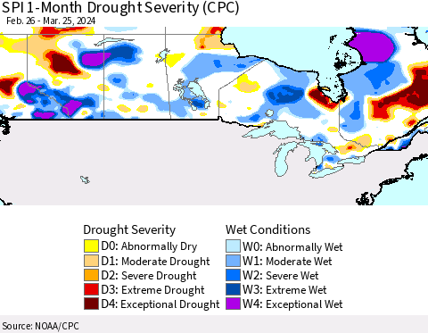 Canada SPI 1-Month Drought Severity (CPC) Thematic Map For 2/26/2024 - 3/25/2024