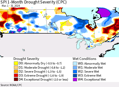 Canada SPI 1-Month Drought Severity (CPC) Thematic Map For 3/1/2024 - 3/31/2024