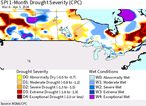 Canada SPI 1-Month Drought Severity (CPC) Thematic Map For 3/6/2024 - 4/5/2024