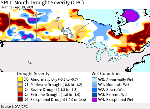 Canada SPI 1-Month Drought Severity (CPC) Thematic Map For 3/11/2024 - 4/10/2024