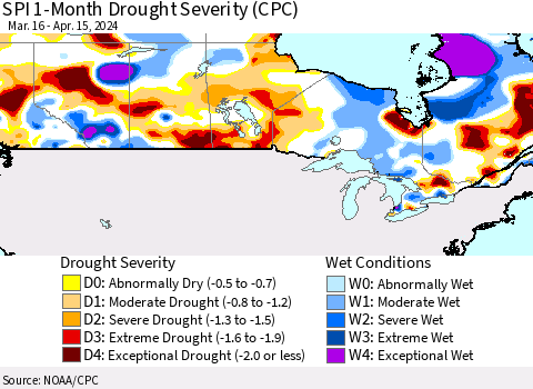 Canada SPI 1-Month Drought Severity (CPC) Thematic Map For 3/16/2024 - 4/15/2024