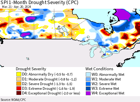 Canada SPI 1-Month Drought Severity (CPC) Thematic Map For 3/21/2024 - 4/20/2024