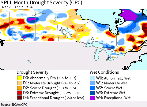 Canada SPI 1-Month Drought Severity (CPC) Thematic Map For 3/26/2024 - 4/25/2024