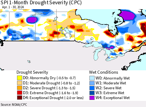 Canada SPI 1-Month Drought Severity (CPC) Thematic Map For 4/1/2024 - 4/30/2024