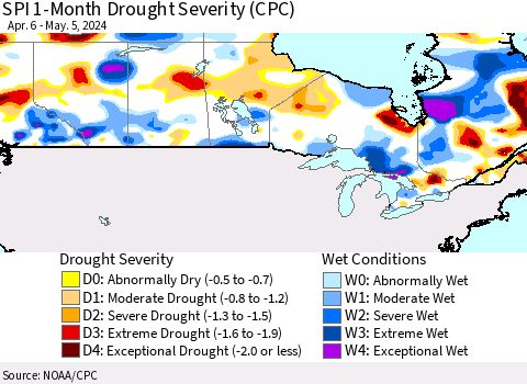 Canada SPI 1-Month Drought Severity (CPC) Thematic Map For 4/6/2024 - 5/5/2024