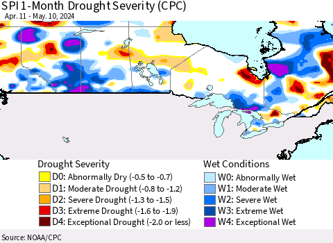 Canada SPI 1-Month Drought Severity (CPC) Thematic Map For 4/11/2024 - 5/10/2024