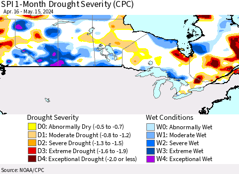 Canada SPI 1-Month Drought Severity (CPC) Thematic Map For 4/16/2024 - 5/15/2024