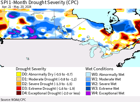 Canada SPI 1-Month Drought Severity (CPC) Thematic Map For 4/21/2024 - 5/20/2024