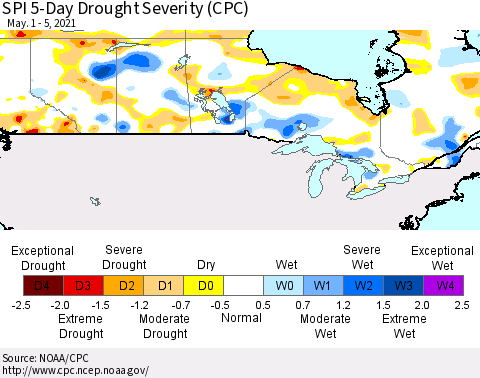 Canada SPI 5-Day Drought Severity (CPC) Thematic Map For 5/1/2021 - 5/5/2021