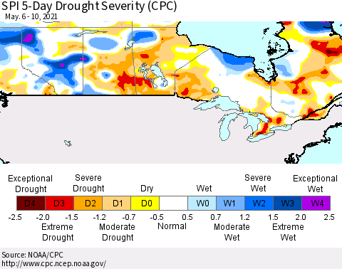 Canada SPI 5-Day Drought Severity (CPC) Thematic Map For 5/6/2021 - 5/10/2021